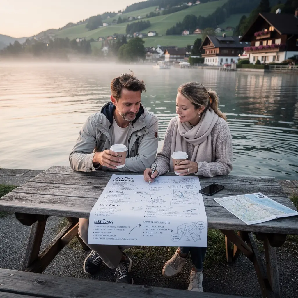 Fahrradfahrer fahren entlang eines gut markierten Radweges durch eine idyllische Naturlandschaft.